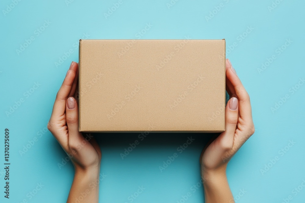 Top view to female hands holding brown cardboard box on light blue background. Mockup parcel box. Packaging, shopping, delivery concept Top view to female hands holding brown cardboard box on light blue background. Mockup parcel box. Packaging, shopping, delivery concept