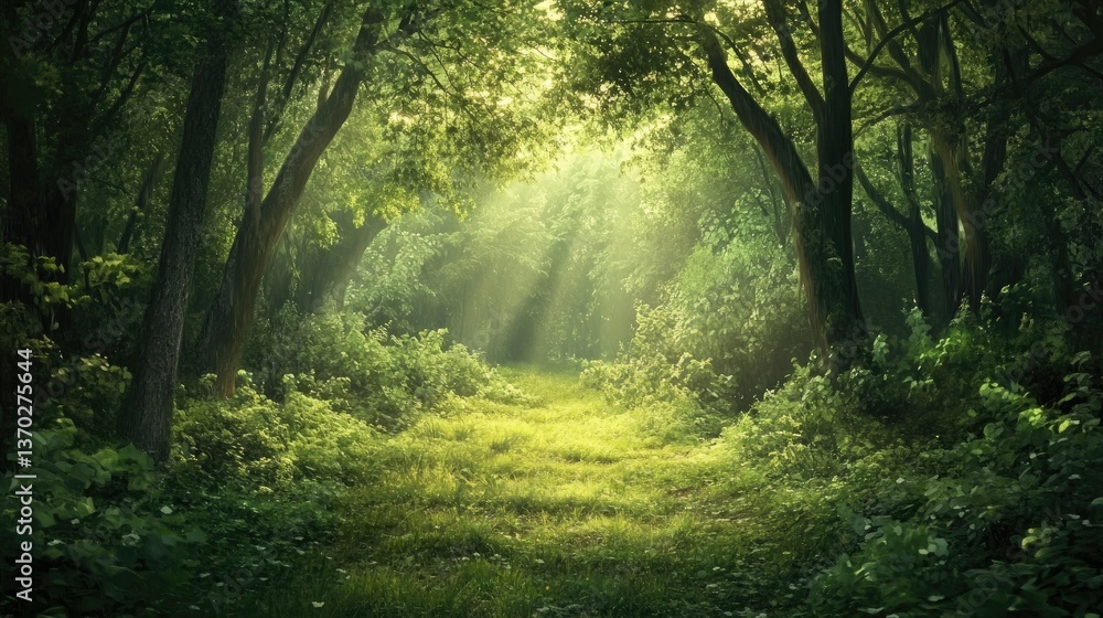 Obraz premium Walking Through Lush Forest Path with Sunlight Streaming Through Trees