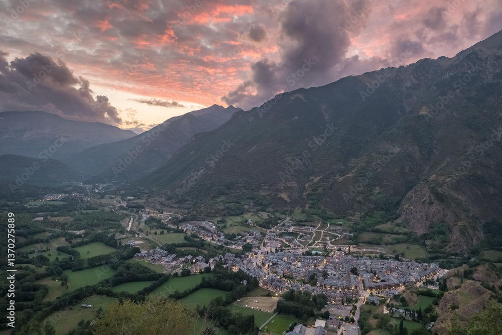 Aerial view of the town of Benasque, Huesca, in the Aragon region of Spain