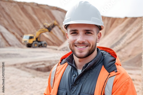 Portrait of a Caucasian male engineer wearing safety gear and smiling against the sand quarry mine background with copy space.