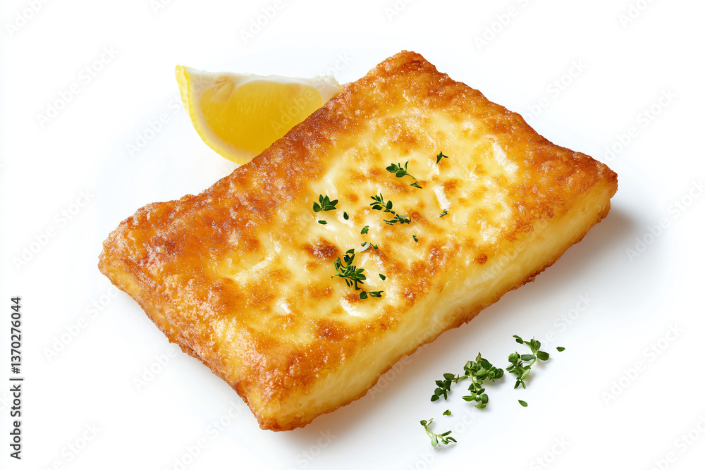 a piece of breaded fish with a lemon wedge a piece of breaded fish with a lemon wedge