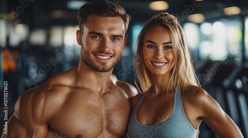 Fitness muscular couple posing in gym, strong couple standing in sports center surrounded by exercise equipment and smiling at camera