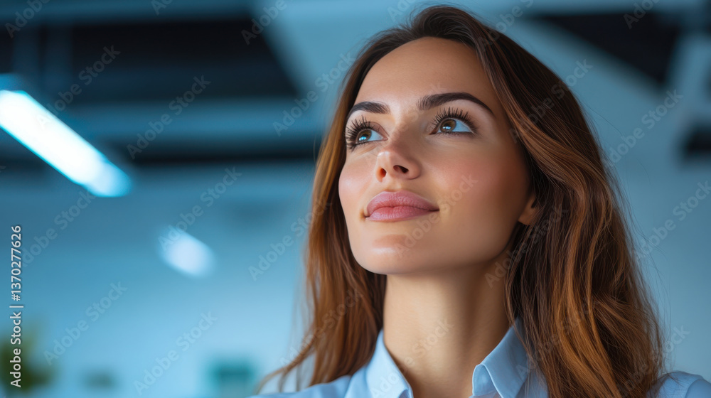 Obraz premium Confident woman in office, looking up with thoughtful expression