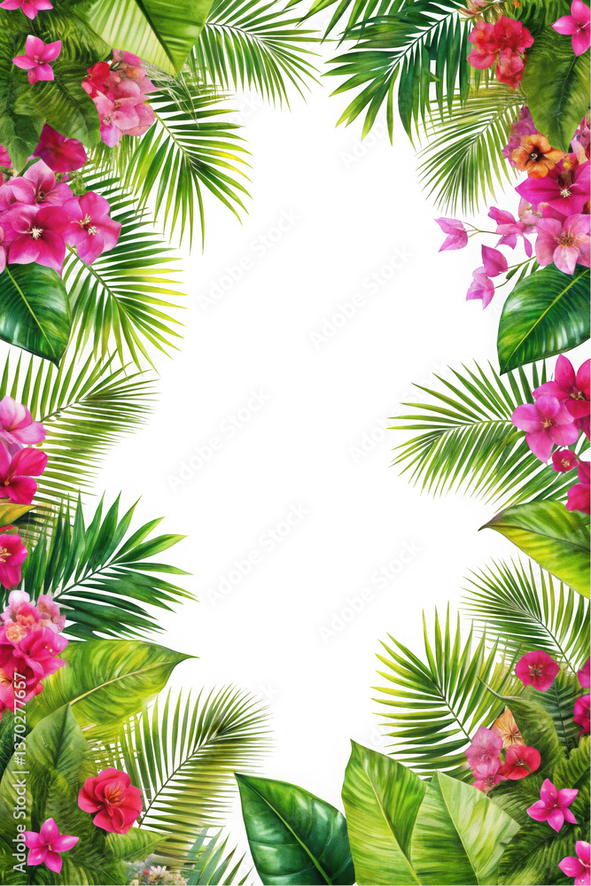 A vibrant tropical frame featuring lush green palm leaves and colorful pink and purple flowers, ideal for summoning a cheerful, exotic atmosphere in any setting. A vibrant tropical frame featuring lush green palm leaves and colorful pink and purple flowers, ideal for summoning a cheerful, exotic atmosphere in any setting.