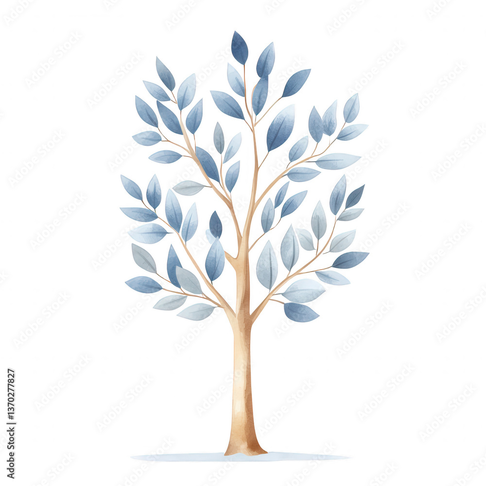 Stylized tree illustration with blue leaves and a brown trunk on a white isolated background, perfect for nature-themed designs and environmental projects. Stylized tree illustration with blue leaves and a brown trunk on a white isolated background, perfect for nature-themed designs and environmental projects.