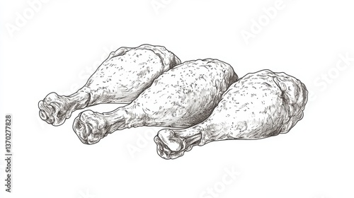 Illustrative Drawing of Three Chicken Drumsticks in a Hand-Drawn Style, Perfect for Culinary, Food-Related and Recipe Themes, Capturing the Essence of Deliciousness
