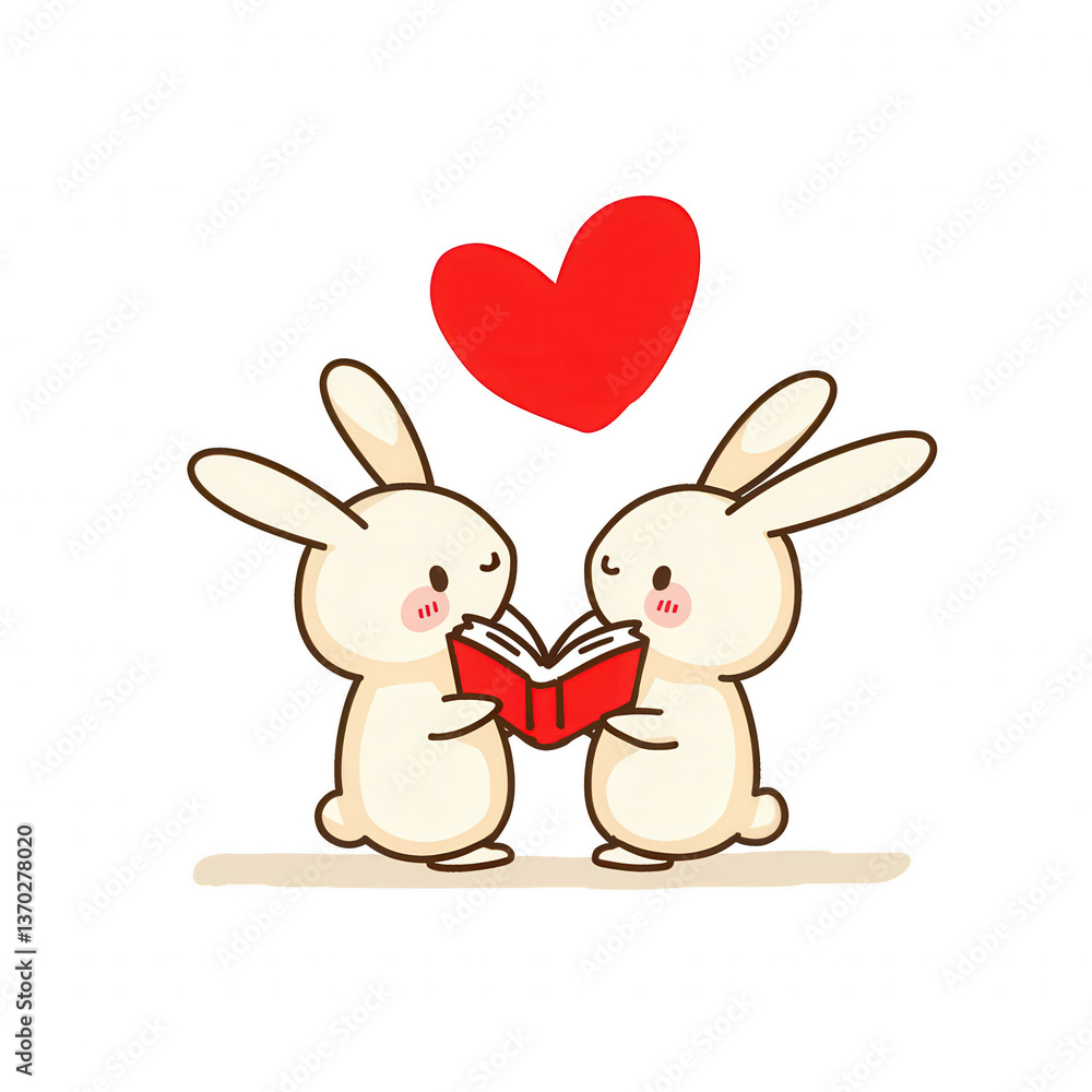 Fototapeta premium Two adorable rabbits reading a book together with a heart above them, symbolizing love and connection. Perfect for Valentine's Day or romantic themes.