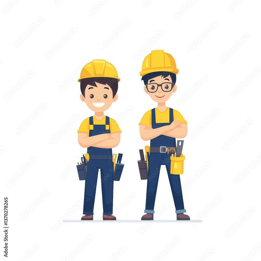 Two cheerful construction workers in yellow hard hats and blue overalls, standing confidently with their arms crossed, ready to tackle any project. Two cheerful construction workers in yellow hard hats and blue overalls, standing confidently with their arms crossed, ready to tackle any project.