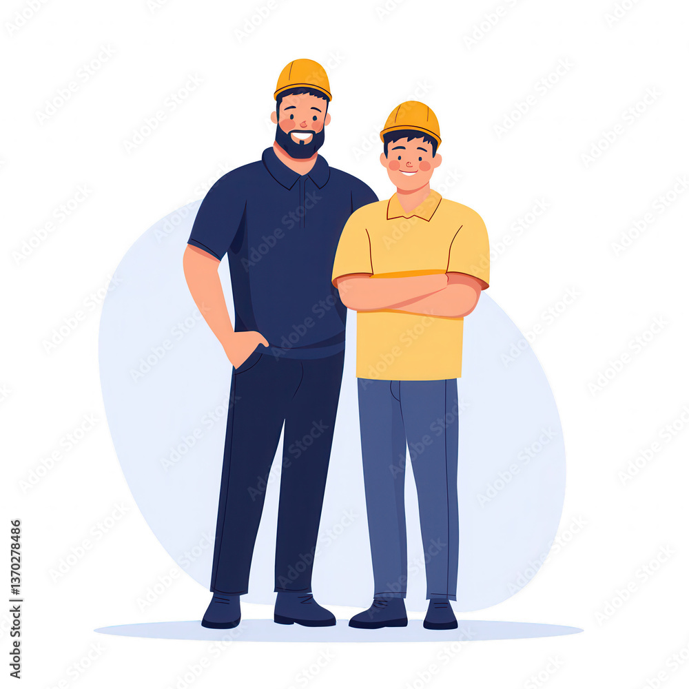 Two friendly construction workers smiling and posing together, wearing hard hats and casual clothing, set against a white background. Two friendly construction workers smiling and posing together, wearing hard hats and casual clothing, set against a white background.