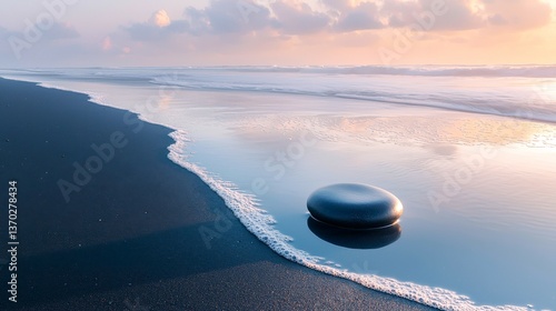 Minimalist black sand beach at dawn with gentle seafoam patterns and a smooth lava stone