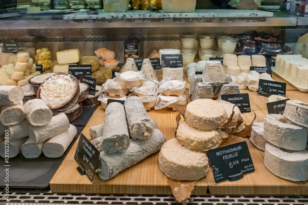 Wide selection of cheese at Halles de Biarritz market, France