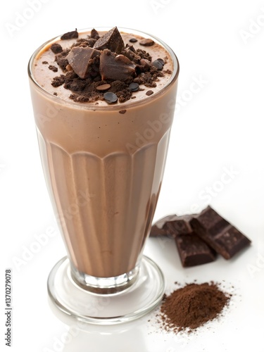 A tall, clear glass filled with a rich, smooth chocolate milkshake