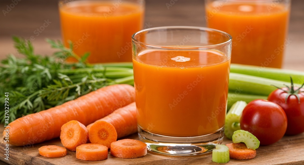 Fresh Carrot Juice with Vegetables on a Wooden Table Fresh Carrot Juice with Vegetables on a Wooden Table