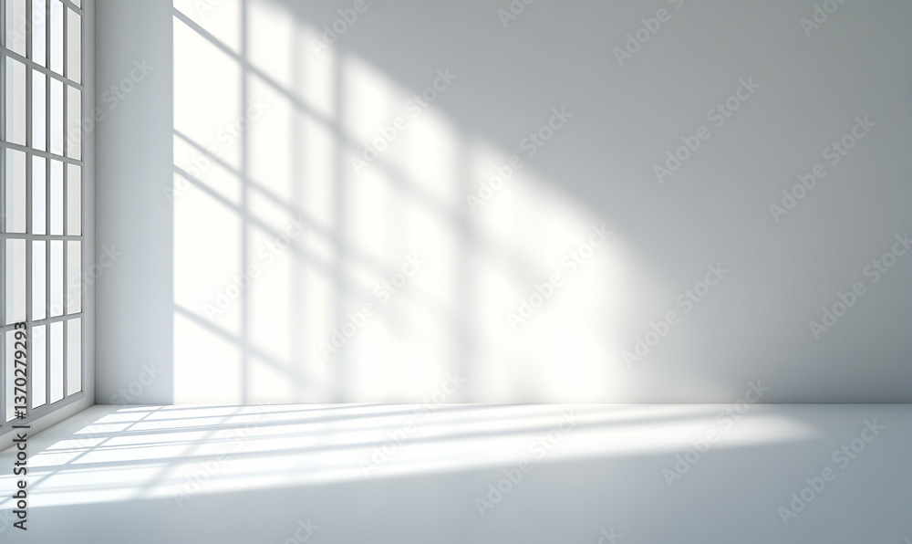Fototapeta premium White background with window shadow, soft light and shadow, empty space for product display or presentation