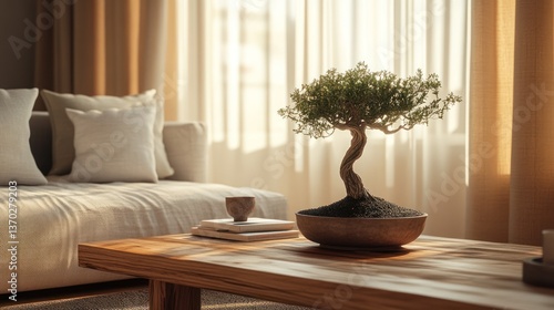 Serene living room with bonsai. Soft, natural light streams through sheer curtains into a minimalist living space