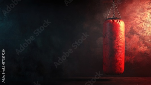 Red Punching Bag Hanging in Dark Gym Ready for Boxing Training