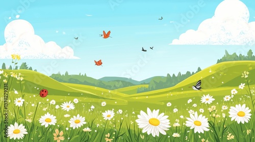 stylized illustration of a spring meadow landscape; featuring a bright blue sky with fluffy white clouds, rolling green hills