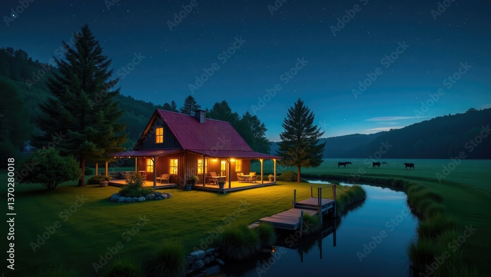 Tranquil lake home reflects summer sky near river trees Tranquil lake home reflects summer sky near river trees