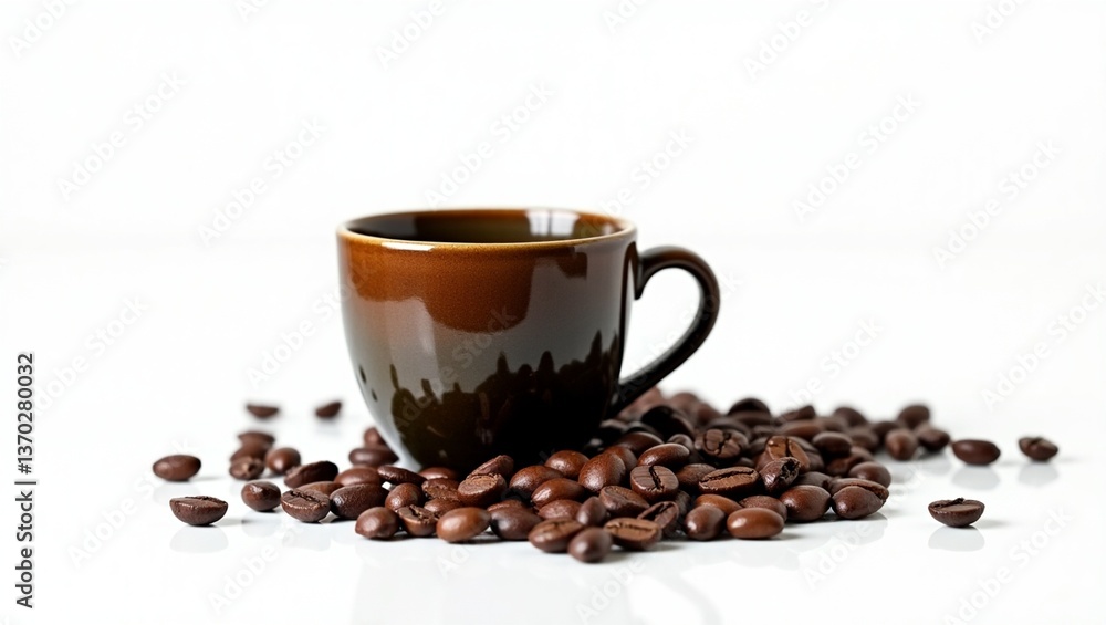 Coffee in a cup with coffee beans outside the cup and a white background. Coffee in a cup with coffee beans outside the cup and a white background.