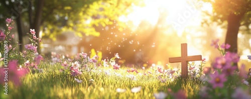 Easter cross background on flower meadow, religious resurrection celebration banner for church and family