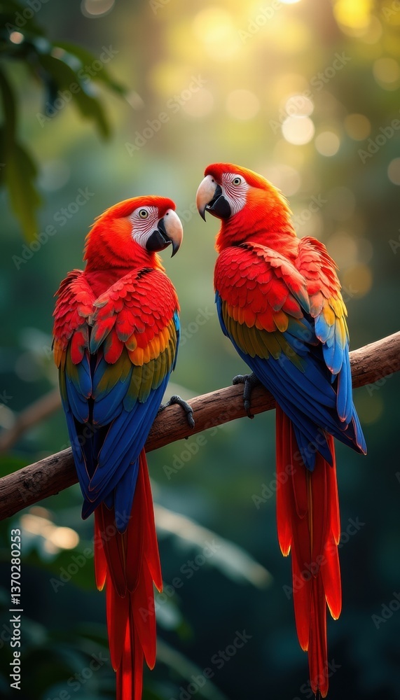 Obraz premium Vibrant scarlet macaws perched on a branch, surrounded by lush greenery and dappled sunlight, showcasing striking colors and natural beauty.
