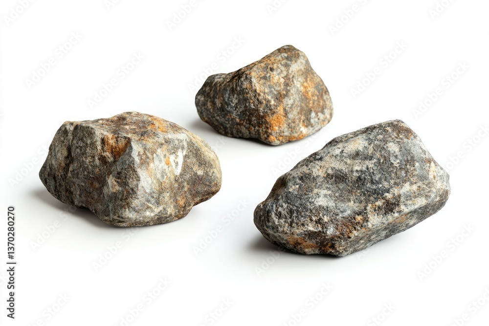 Three Isolated Rocks on White Background with Detailed Textures and Patterns Three Isolated Rocks on White Background with Detailed Textures and Patterns