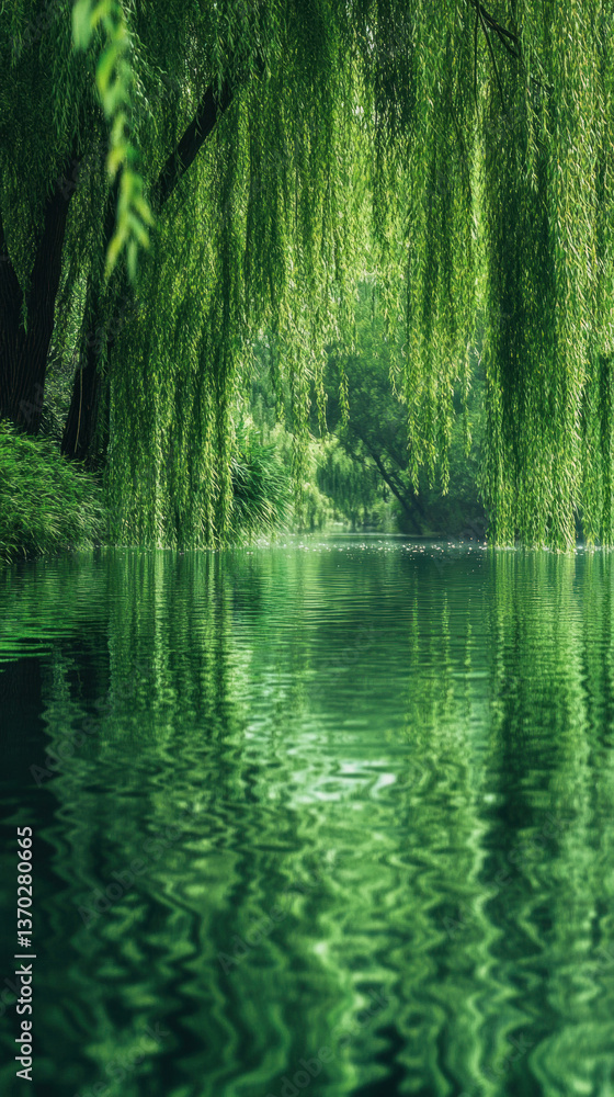 Obraz premium Weeping Willow Trees Reflecting in Calm Water