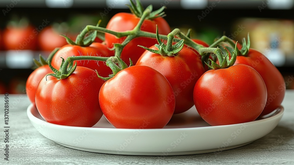 Ripe tomatoes on a white ceramic plate with European grocery shelves in the background Ripe tomatoes on a white ceramic plate with European grocery shelves in the background