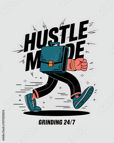 Cartoon Illustration Emphasizing Relentless Work Ethic, Featuring a Business Character Running with a Briefcase, Representing Dedication and Hard Work