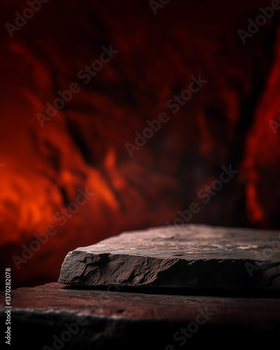 Close-up view of an ancient stone slab with intricate textures and contours, set against a dark background. The blurred focus on the right side emphasizes the rock's surface