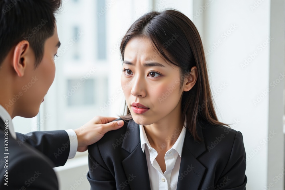 Two Young Adults Engaged in a Serious Conversation in an Office Setting, an Asian Woman in Formal Attire Expressing Concern to a Man in a Business Suit Two Young Adults Engaged in a Serious Conversation in an Office Setting, an Asian Woman in Formal Attire Expressing Concern to a Man in a Business Suit