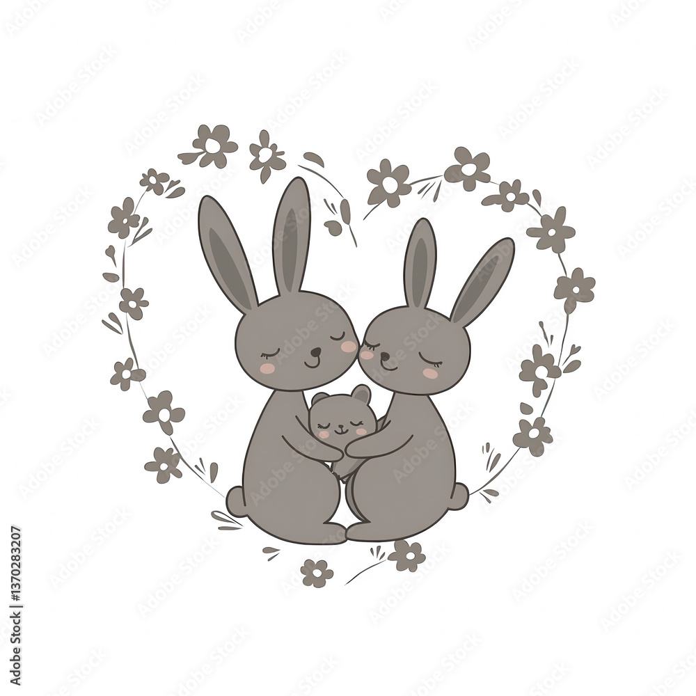 Obraz premium A cute illustration of a family of rabbits embracing in a heart shape made of flowers, symbolizing love and togetherness. Perfect for children's decor or family-themed projects.