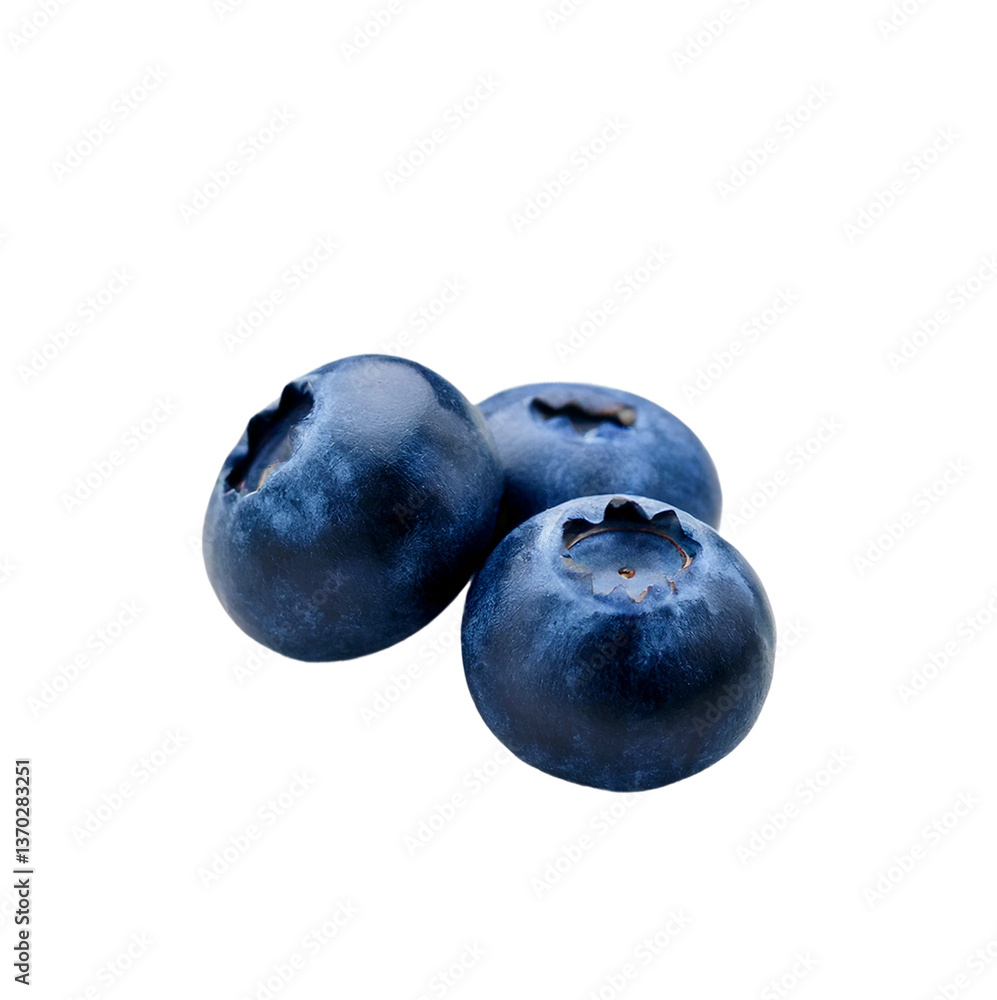 Obraz premium A group of three blueberries, isolated on a clean background. Perfectly showcases their natural juiciness and vibrant color.