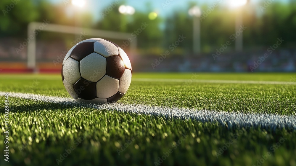 Obraz premium Soccer Ball on Green Field Ready for Game with Blurred Crowd