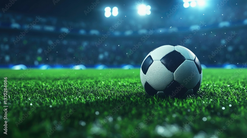 Fototapeta premium Soccer Ball on Field at Stadium with Bright Lights Shining Above