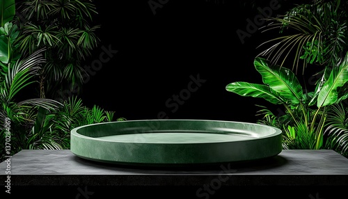 Green pedestal with tropical leaves, and dark.