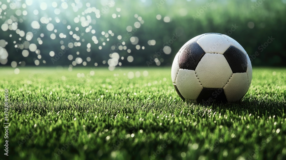Fototapeta premium Soccer Ball Resting on Fresh Green Grass in a Sunny Field