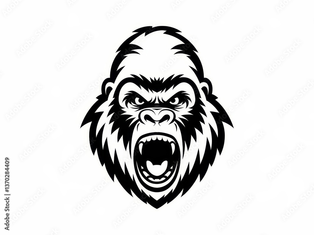 Fototapeta premium Angry gorilla head roaring, powerful expression, graphic illustration style, heavy black linework, monochrome black and white or with minimal deep color accents, isolated headshot