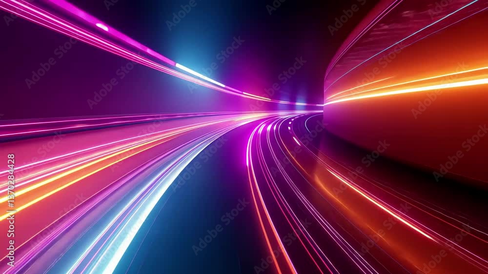 Colorful light trails flow along a curved roadway, illuminating the scene with vivid hues of pink, blue, and orange against a dark urban backdrop at night. Colorful light trails flow along a curved roadway, illuminating the scene with vivid hues of pink, blue, and orange against a dark urban backdrop at night.