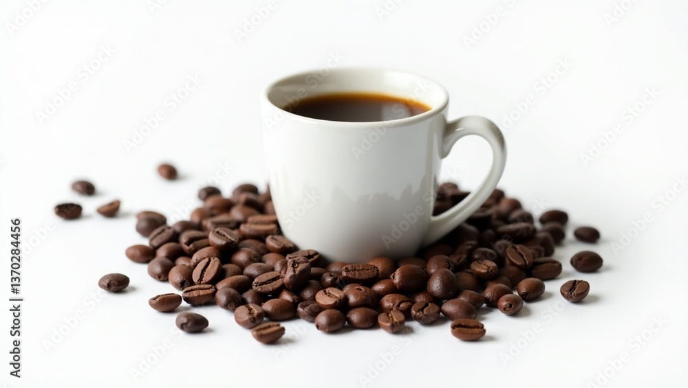 Coffee in a cup with coffee beans outside the cup and a white background. Coffee in a cup with coffee beans outside the cup and a white background.