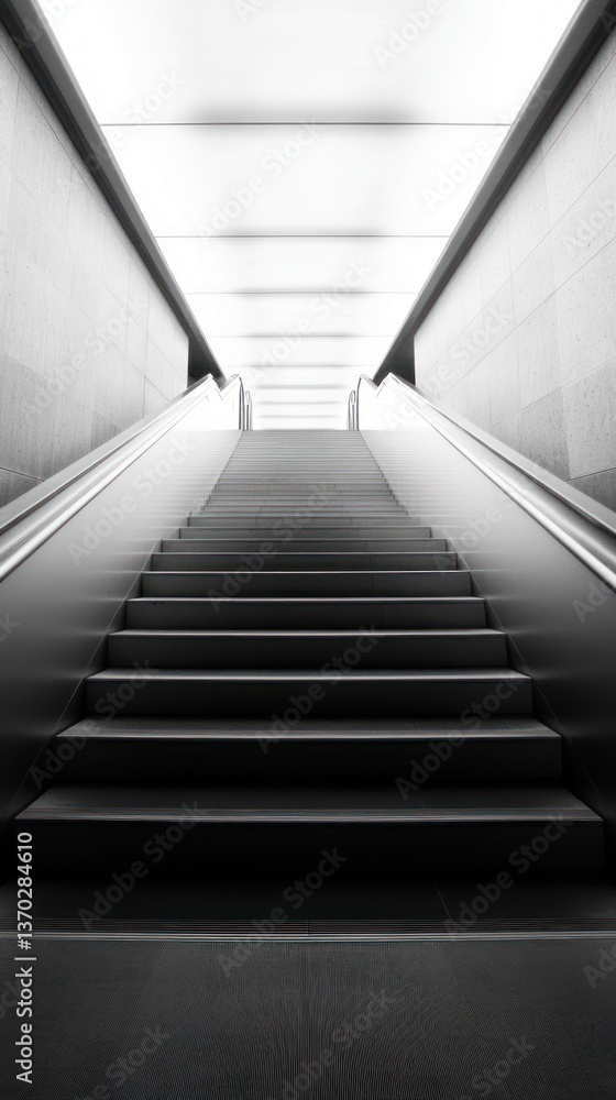 Ascending monochrome stairway with sleek design and illuminated top Ascending monochrome stairway with sleek design and illuminated top