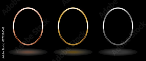 Shiny metal oval frame. Isolated luxury pink gold, gold and silver ellipse border on black background. Set of glossy geometric flat frame mockup design element. 3d Vector illustration.