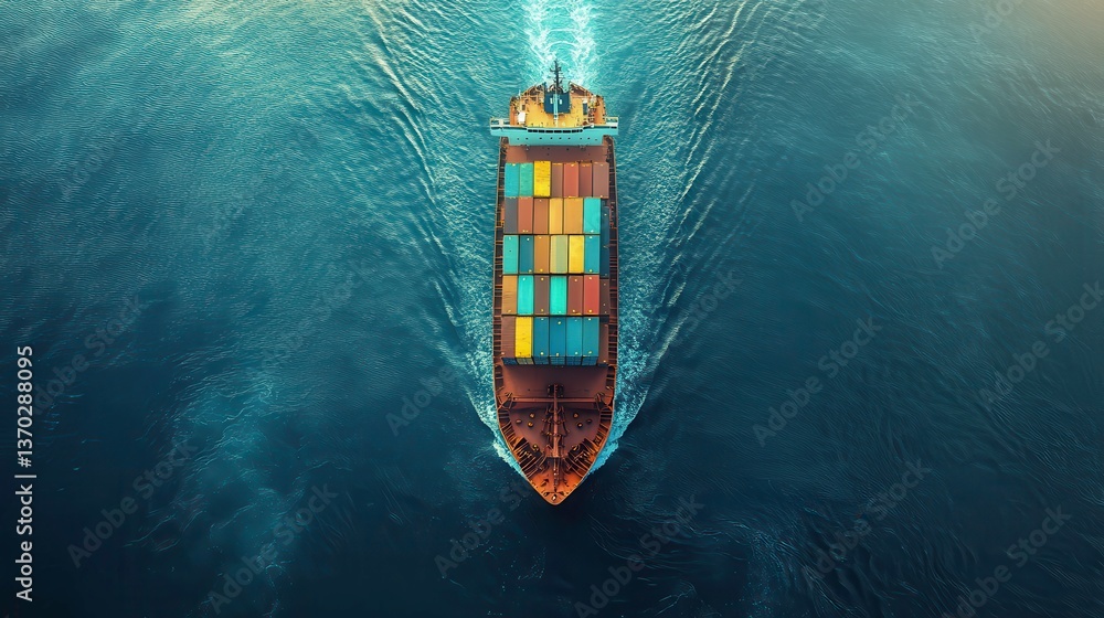 Overhead view shows cargo ship traveling over the deep ocean water Overhead view shows cargo ship traveling over the deep ocean water