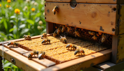 Busy Bees Collecting Honey from Hive Frames  