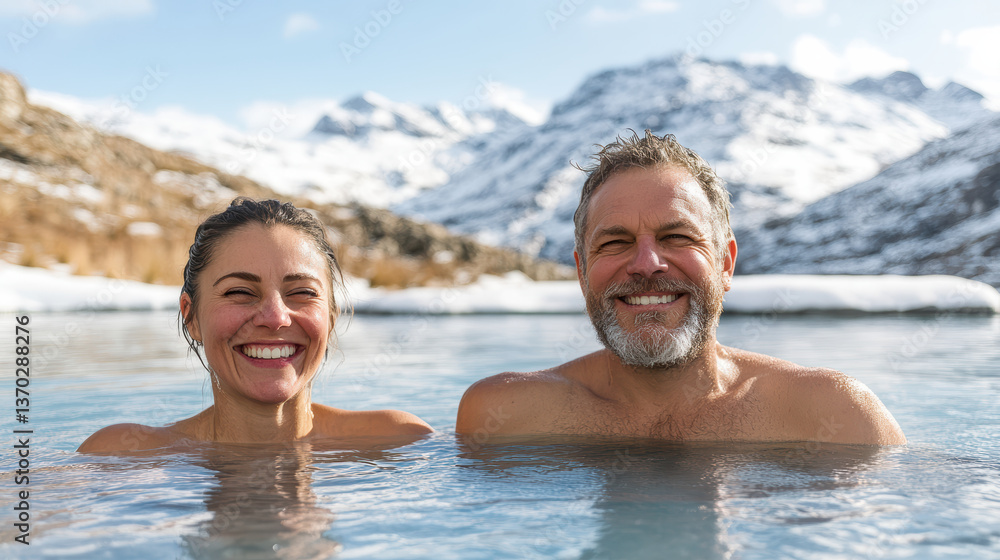 Relaxing couple enjoying natural hot spring with snowy mountains in background Relaxing couple enjoying natural hot spring with snowy mountains in background