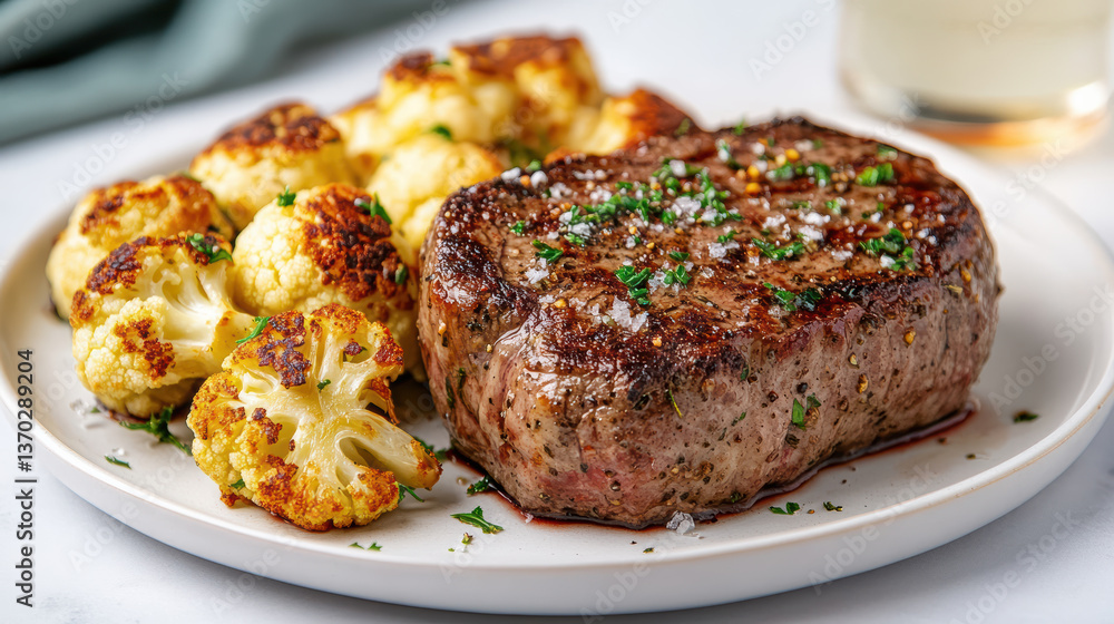 delicious steak served with roasted cauliflower, garnished with herbs, creating cozy dining delicious steak served with roasted cauliflower, garnished with herbs, creating cozy dining