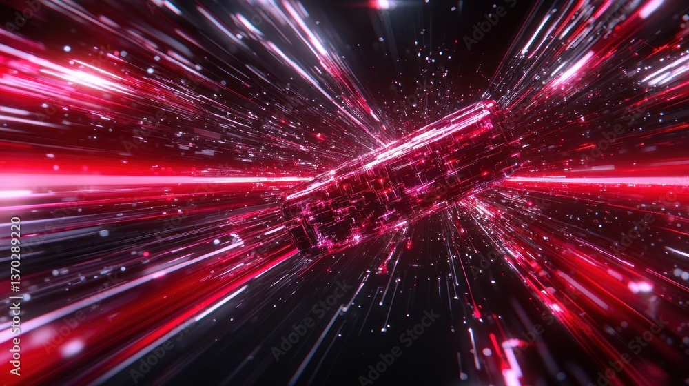 Fototapeta premium Hyperspace Red Cube: A Digital Journey Through Neon Lights