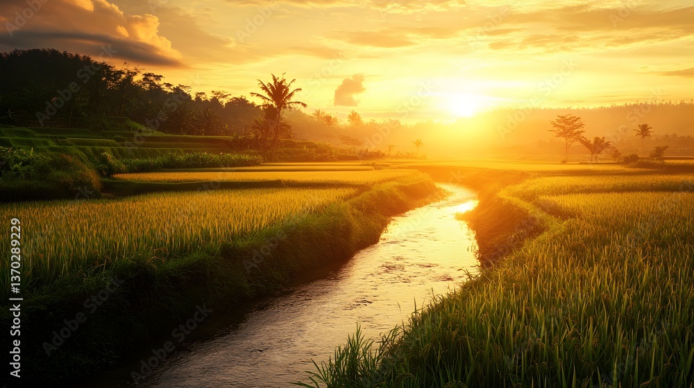 Fototapeta premium A beautiful rice field with a small river flowing through it, reflecting the golden light of sunrise