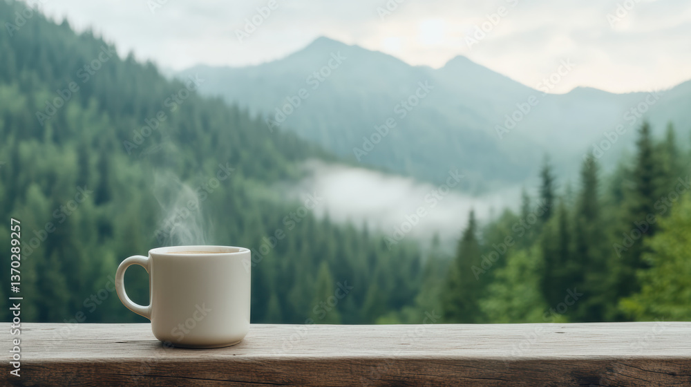 steaming cup of coffee sits wooden table, surrounded by lush green mountains and misty valleys steaming cup of coffee sits wooden table, surrounded by lush green mountains and misty valleys