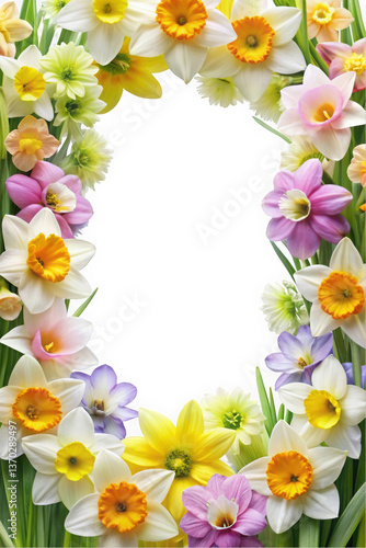 Wallpaper Mural A vibrant border of assorted daffodils and spring flowers, showcasing a mix of whites, yellows, and purples, perfect for a cheerful greeting or invitation. Torontodigital.ca